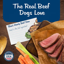 Grain-free wet dog food can with beef stew ingredient note and beef slices