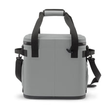 Grey insulated cooler box bag with black top handles and side grab straps