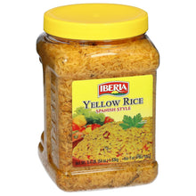 Jar of Iberia yellow rice with yellow lid and front label, yellow rice grains