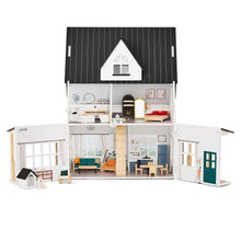 Farmstyle dollhouse playset with furnished rooms, teal door, and black roof