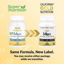 California Gold Nutrition SimplyOne Men multivitamin bottles, same formula new label graphic