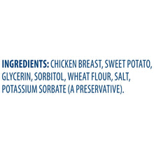 Dog treats bag ingredients list: chicken breast, sweet potato, wheat flour, salt