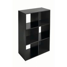 Black 6-cube storage organizer with open cubby shelves and boxed frame