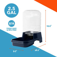 Large gravity pet waterer with clear bottle and navy base, 2.5-gal capacity