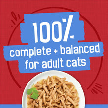 Wet cat food can with shredded beef in gravy, 100% complete and balanced badge