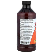 NOW Liquid Multi supplement bottle, back label text with orange accents and black cap