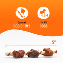 Three dog chew kabobs showing approximate 5-inch length on orange header