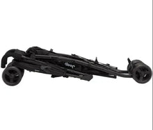 Black stroller frame with canopy and large wheels, low-profile side view