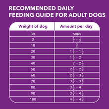 Dry dog food feeding guide chart for adult dogs with weight and daily amounts