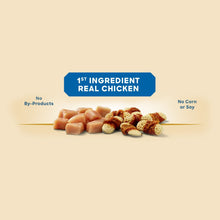 Dog treat pieces with a real chicken ingredient callout graphic on the package