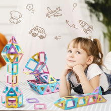 Magnetic building blocks set with colorful geometric towers and triangles