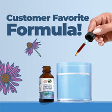 Lymphatic support liquid drops bottle with dropper over water cup