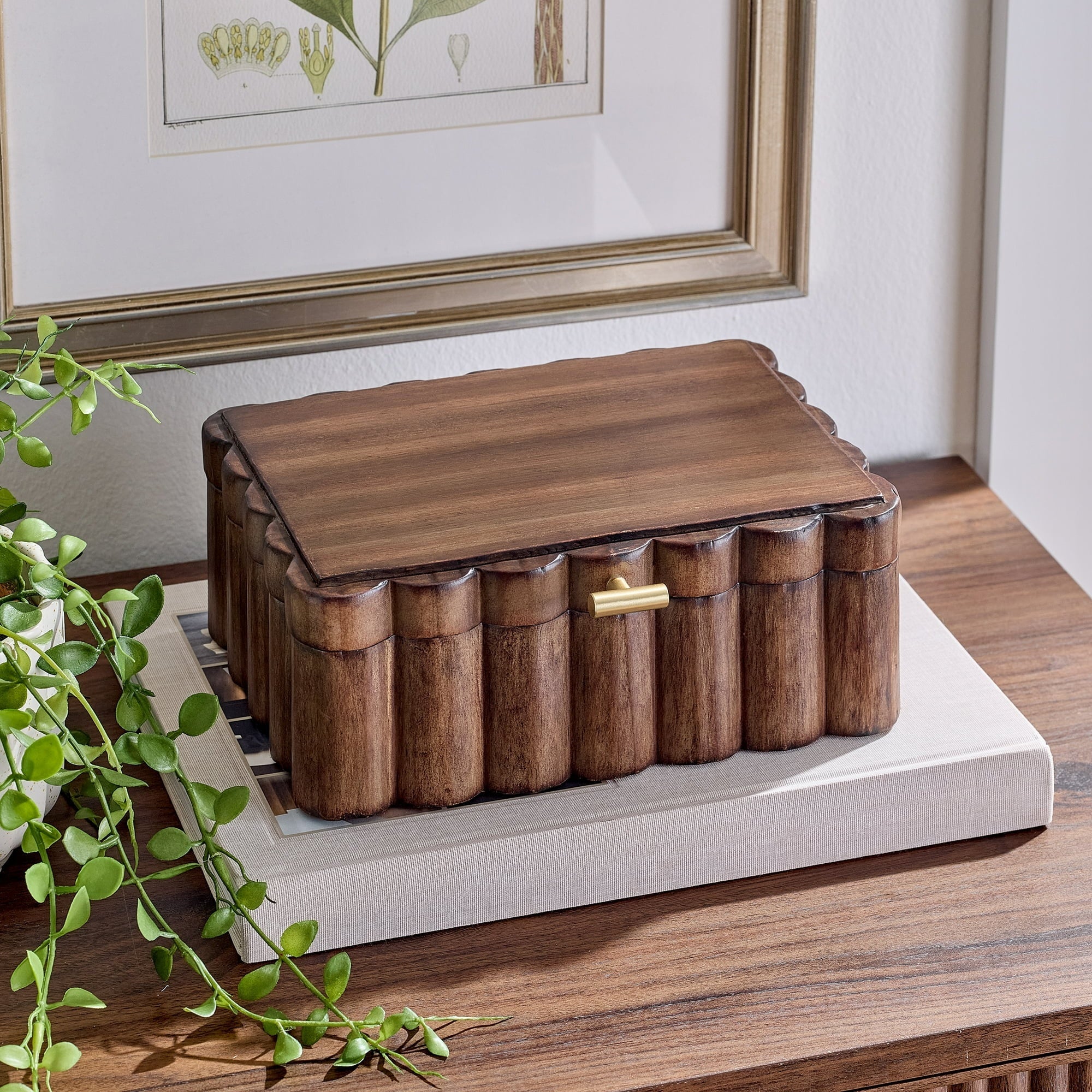 Better Homes & Gardens Scalloped Wooden Jewelry Box with Lid, Decorative Trinket Storage Organizer, Natural Wood
