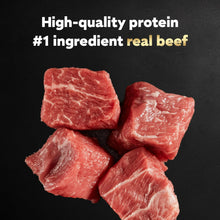 Wet dog food beef pieces with label for high-quality protein and real beef