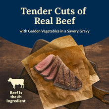 Tender cuts of real beef with garden vegetables in savory gravy, dog food topper graphic