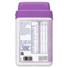Purple infant formula powder canister with comparison table and ingredient info