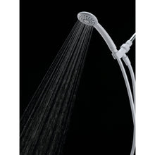 White showerhead with mist spray outlet and white hose connector, close-up