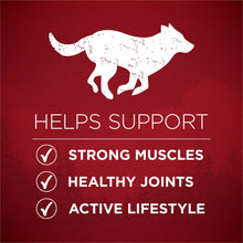 Dry dog food benefits panel: supports strong muscles, healthy joints, active lifestyle