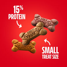 Peanut butter dog biscuits shown as small treat pieces with 15% protein callout