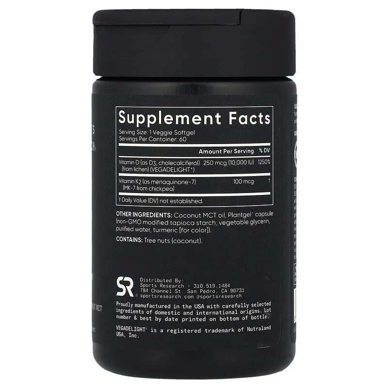 Sports Research, D3 + K2, Plant-Based, 62.5 mcg/100 mcg, Veggie Softgels