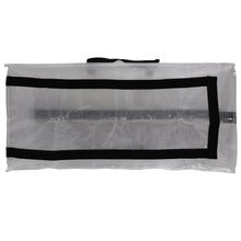 Clear moving storage bag with black border straps and zippered top opening