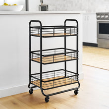 3-tier rolling bar cart on wheels, black frame with light wood shelves and lower rack