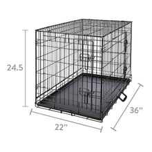 Black wire dog crate with divider and tray, shown with size dimensions