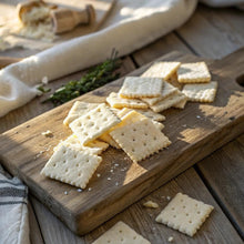 White Cheddar baked snack crackers on a wooden serving board