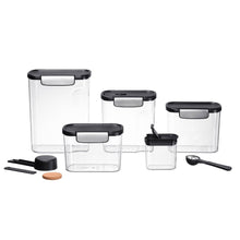 Clear Tritan bakers storage set with black lids and utensil tools