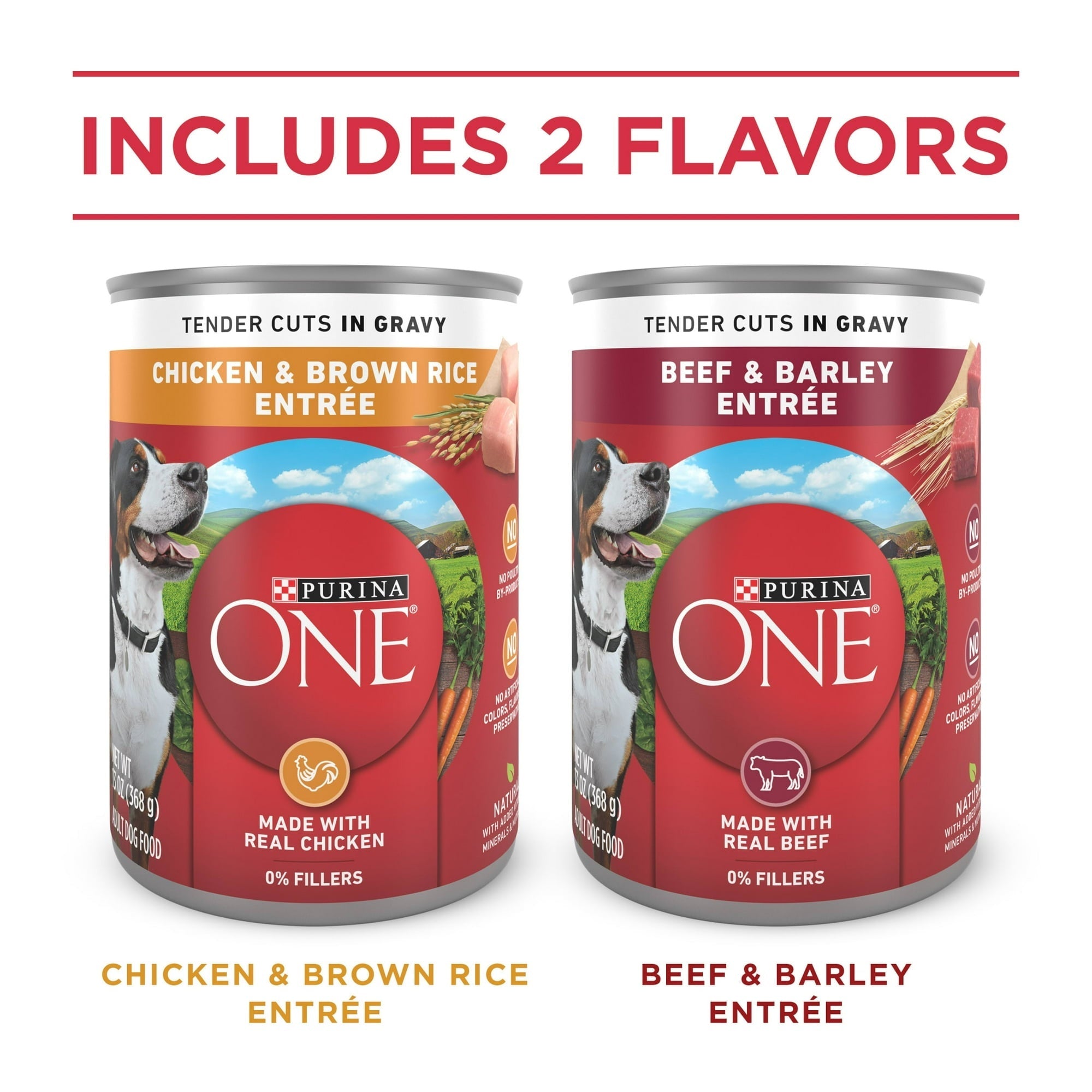 Purina ONE Tender Cuts in Gravy Chicken and Brown Rice, and Beef and Barley Entrees Wet Dog Food Variety Pack, 13 oz Cans ()