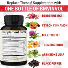 Berberine dietary supplement bottle with ingredient icons for Ceylon cinnamon and herbs