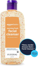 Facial cleanser bottle with purple cap, speckled beige, orange label, Alexa badge