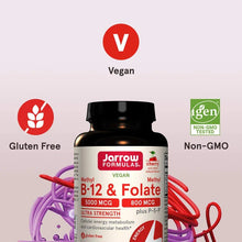 Jarrow Formulas vegan methyl B-12 & folate bottle with vegan and gluten free icons