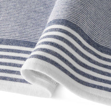 Kitchen towel detail: white base with navy horizontal stripes and textured weave