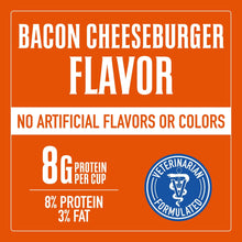 Bacon Cheeseburger flavor nutrition label with 8g protein per cup badge