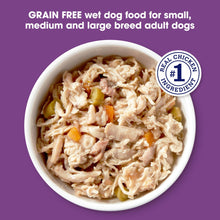 Grain-free wet dog food bowl with shredded chicken, lamb, and savory broth