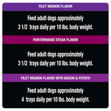 Wet dog food label with daily feeding amounts for Filet Mignon, Porterhouse, and Bacon-Potato