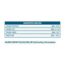 Dog treat guaranteed analysis panel with protein, fat, fiber, moisture, and calories