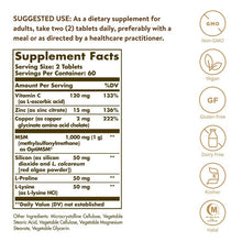 Solgar Skin, Nails & Hair supplement facts label on tablet bottle.