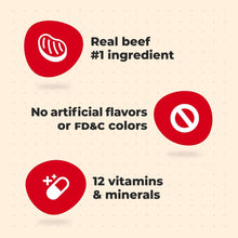 Dog treat label icons: real beef, no artificial flavors, 12 vitamins & minerals
