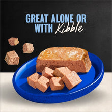 Wet dog food loaf pieces in blue bowl, serve alone or with kibble