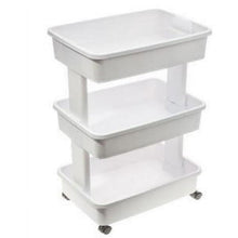 Arctic white 3-tier plastic rolling cart side view with open shelves and caster wheels