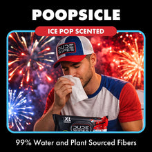 DUDE Wipes XL flushable wipes pack, “POOPSICLE” ice pop scented promo label