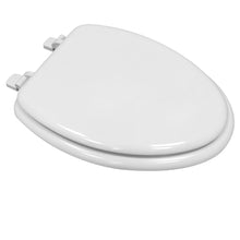 White elongated toilet seat lid with curved front edge and hinge posts