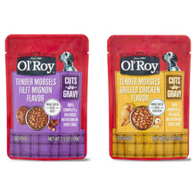 Two Ol' Roy tender morsels pouches: filet mignon purple, grilled chicken yellow