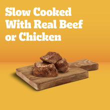 Pedigree wet dog food with real beef or chicken shown as meat pieces