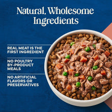 Adult dog food in bowl with beef, peas, and carrot pieces mixed into kibble.