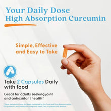 Curcumin supplement with hand holding an orange gel capsule for daily use