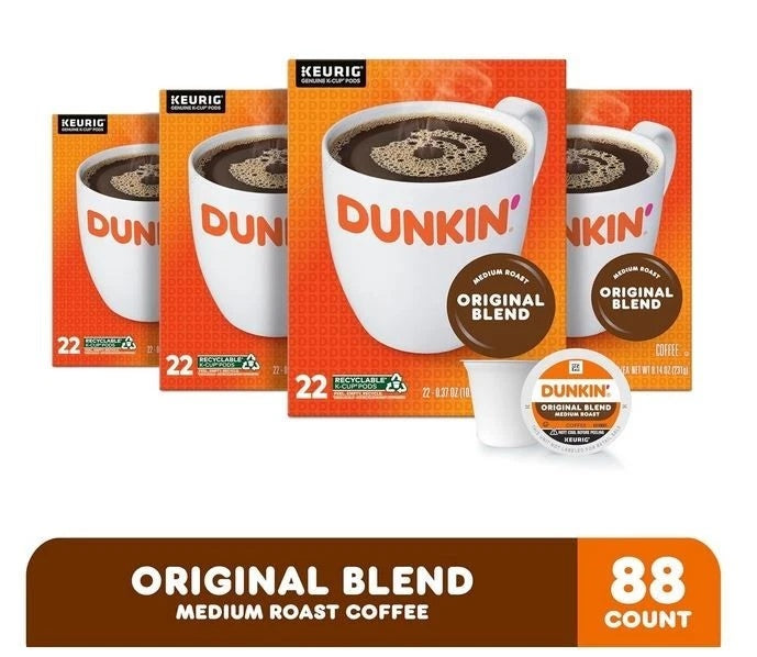 Dunkin' Original Blend Coffee, Medium Roast, K-Cup Pods, 22 Count Boxes, Pk of 4