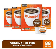 Dunkin' Original Blend medium roast K-Cup pods set with boxes, pod, and 88-count panel